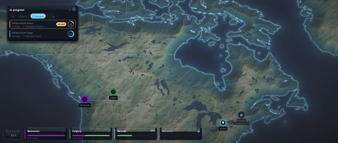 The Career Mode map of Canada with unlocked cities.