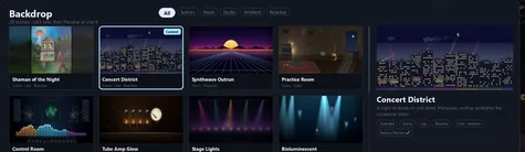 The backdrop gallery open on the All tab, with one scene selected and its preview panel showing.