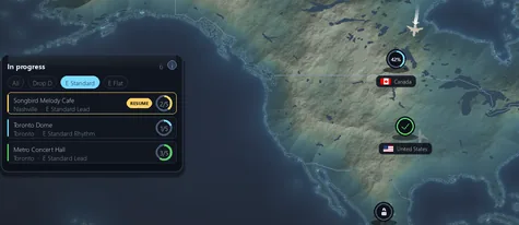 The North America region with countries in progress, one complete and the next unlock called out.