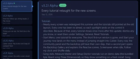 The changelog open on the newest release, with the older releases listed either side of it.