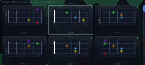The chord library in grid view with a taught chord selected and the strum check reporting it detected and locked on.