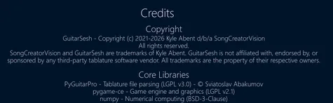 The top of the credits: the copyright and trademark notice, then the core libraries with their licences.