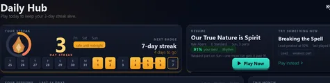 The hub on a Monday with a weekend streak alive, a session to resume and a suggestion for something new.
