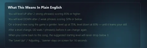 The Dynamic Difficulty knobs at their shipped defaults, with the plain-English panel restating each one.