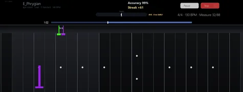 A dense passage mid-song, a chord landing inside the finish slot with the streak running.