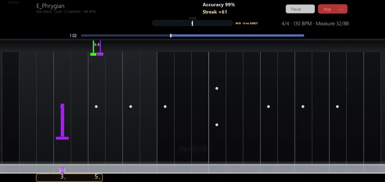 The note highway mid-song, a chord landing inside the finish slot.