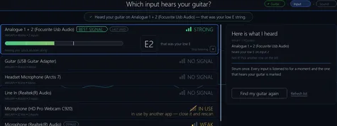 The device scan finished, having found the guitar on one of the listed inputs.
