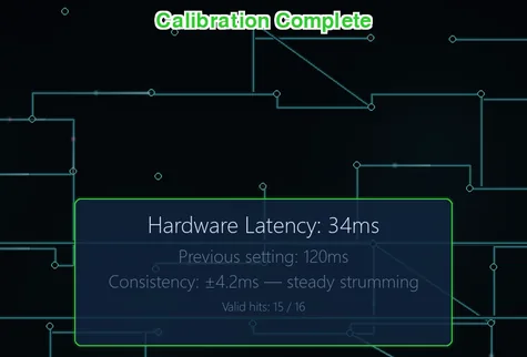 The calibration finished: 34 ms measured against a previous setting of 120, a tight consistency spread, and fifteen of sixteen notes counted.