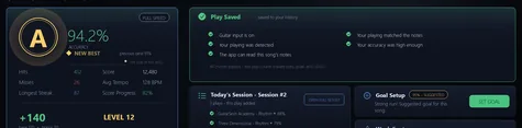 The results hub after a saved run, offering the report and the next song.