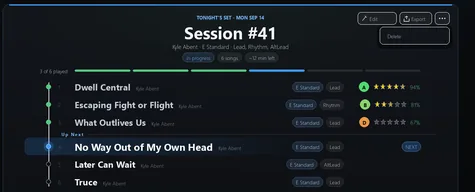 A saved set open with its running order, and the sessions played against it along the top.
