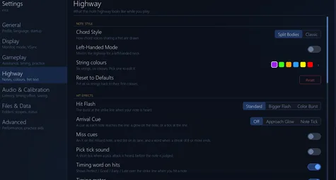 The Highway tab with the note and colour options listed.