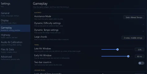 The Gameplay tab with the hit-window panel open and the finish slot drawn to match the current numbers.