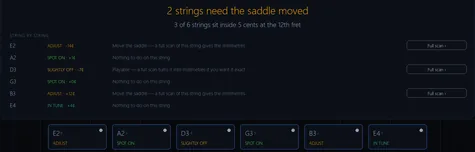 The octave check finished, naming the strings whose saddle needs moving and leaving the rest alone.
