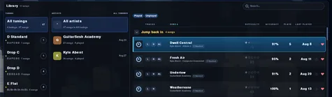 The three-pane picker with a tuning chosen, an artist selected and the song rows showing best score, play count and last-played date.