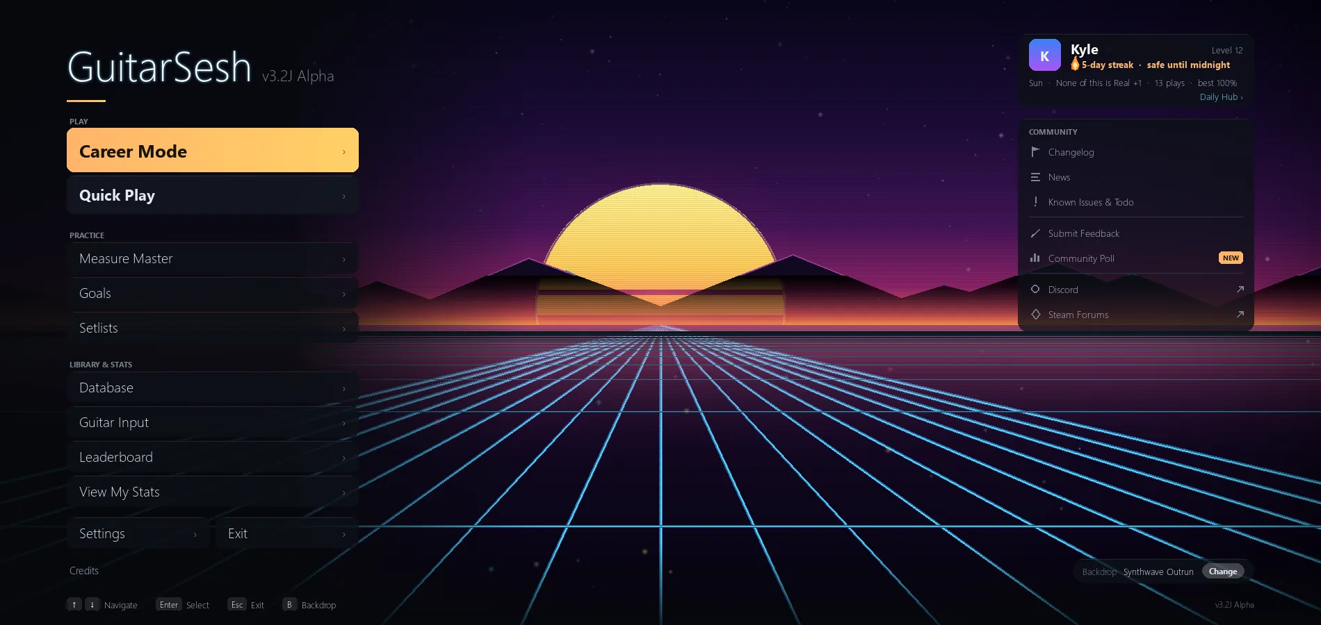 The start menu on the Synthwave Outrun backdrop, with a live player card showing a running streak and the last song played.
