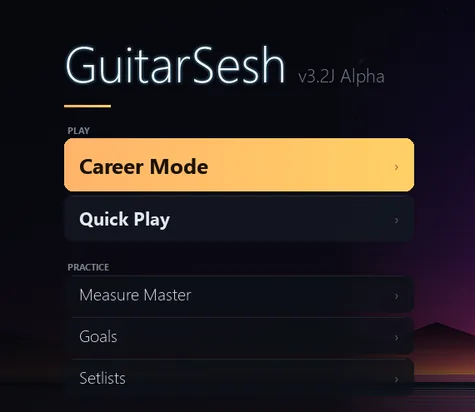 The start menu on the Synthwave Outrun backdrop, with a live player card showing a running streak and the last song played.