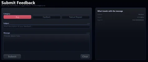The feedback form as it opens: empty, with the category buttons and the panel naming what is sent with it.